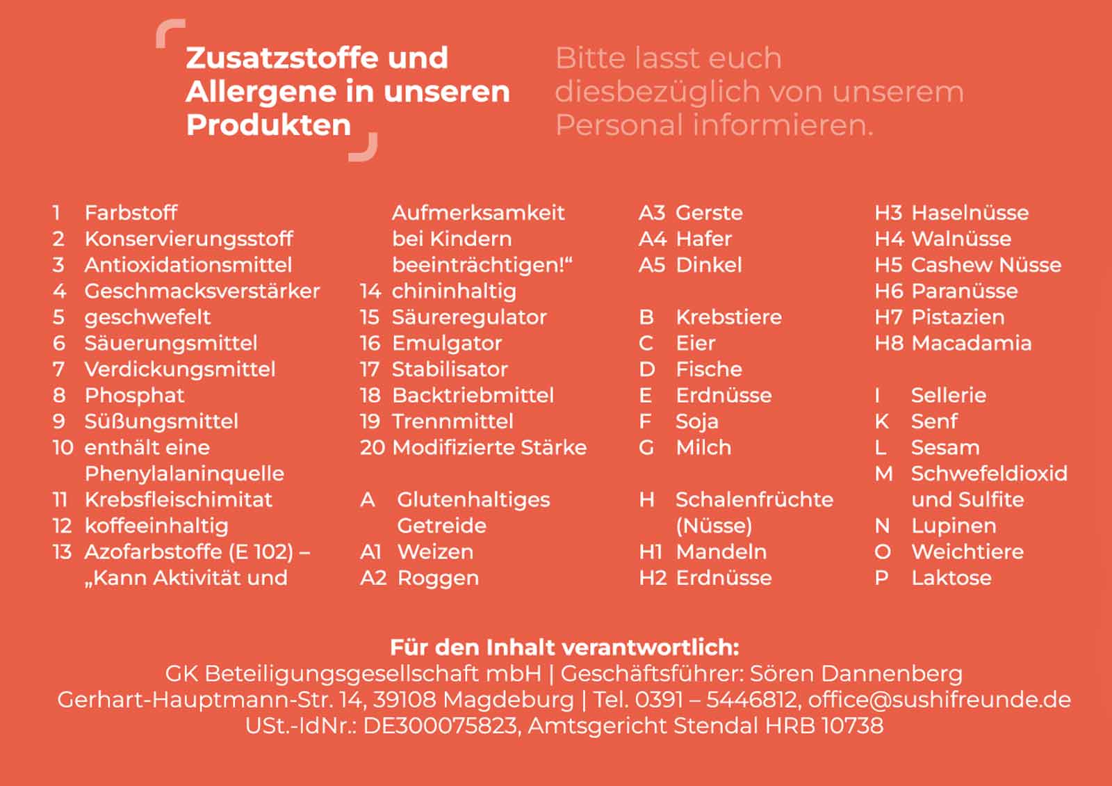 Sushifreunde Speisekarte | Zusatzstoffe und Allergene