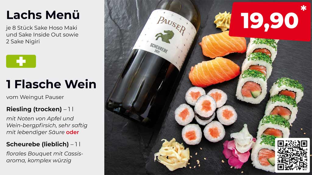 Sushifreunde Sommer-Special - Lachs Menü inklusive eine Flasche Wein